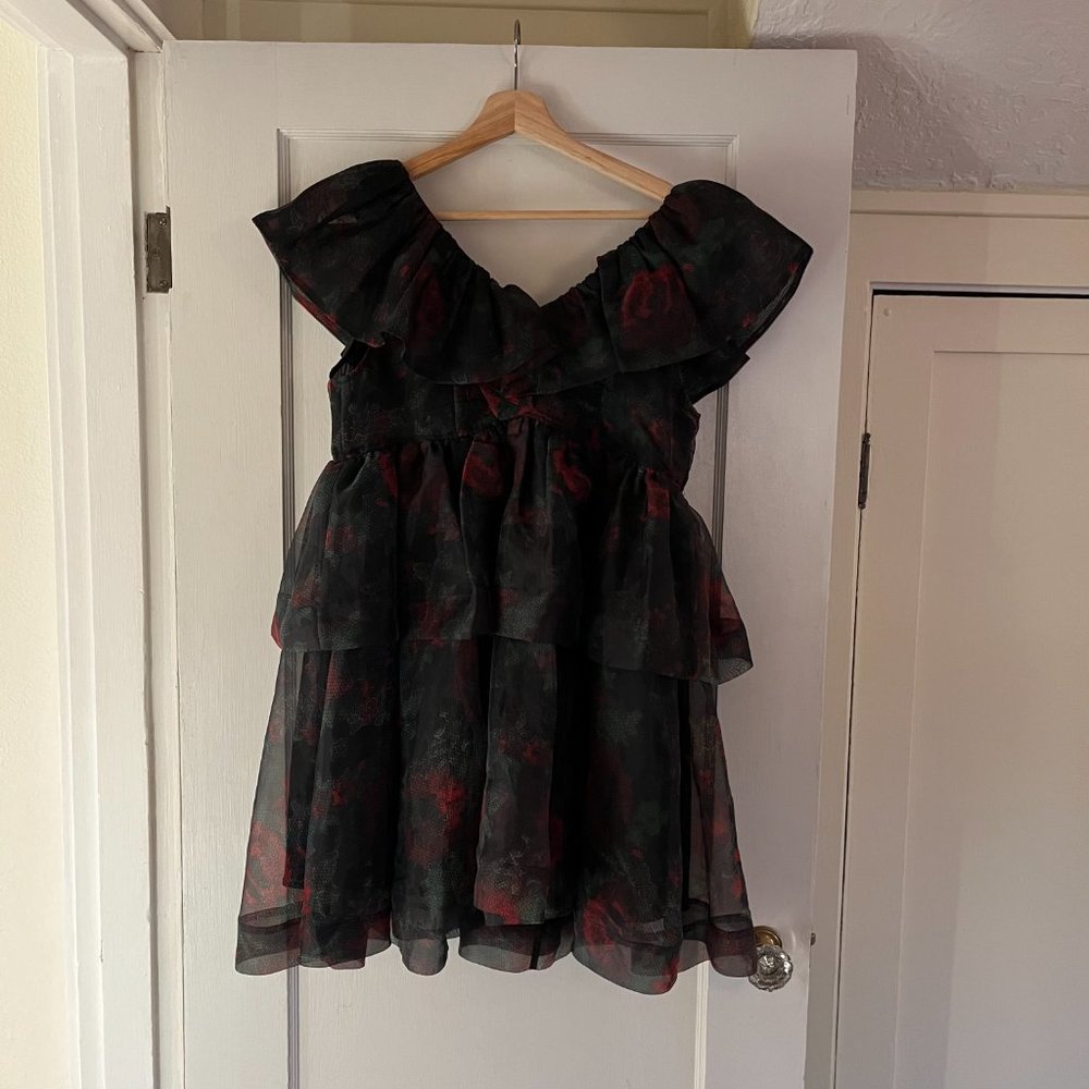 Tiered Rose-Print Organza Dress - Black Red | Size: M | US 6 | UK36 - Picture 10 of 11